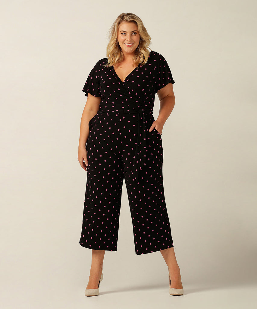 jersey jumpsuit with flutter sleeves, wrap bodice and cropped length. Made in Australia for petite to plus size women.