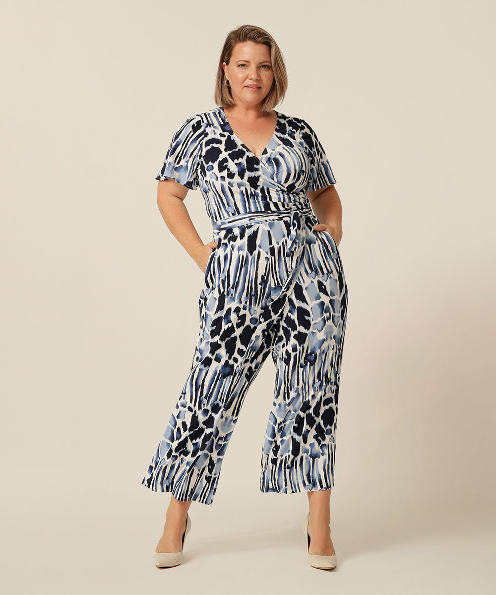 jersey jumpsuit with flutter sleeves, wrap bodice and cropped length. Made in Australia for petite to plus size women. 