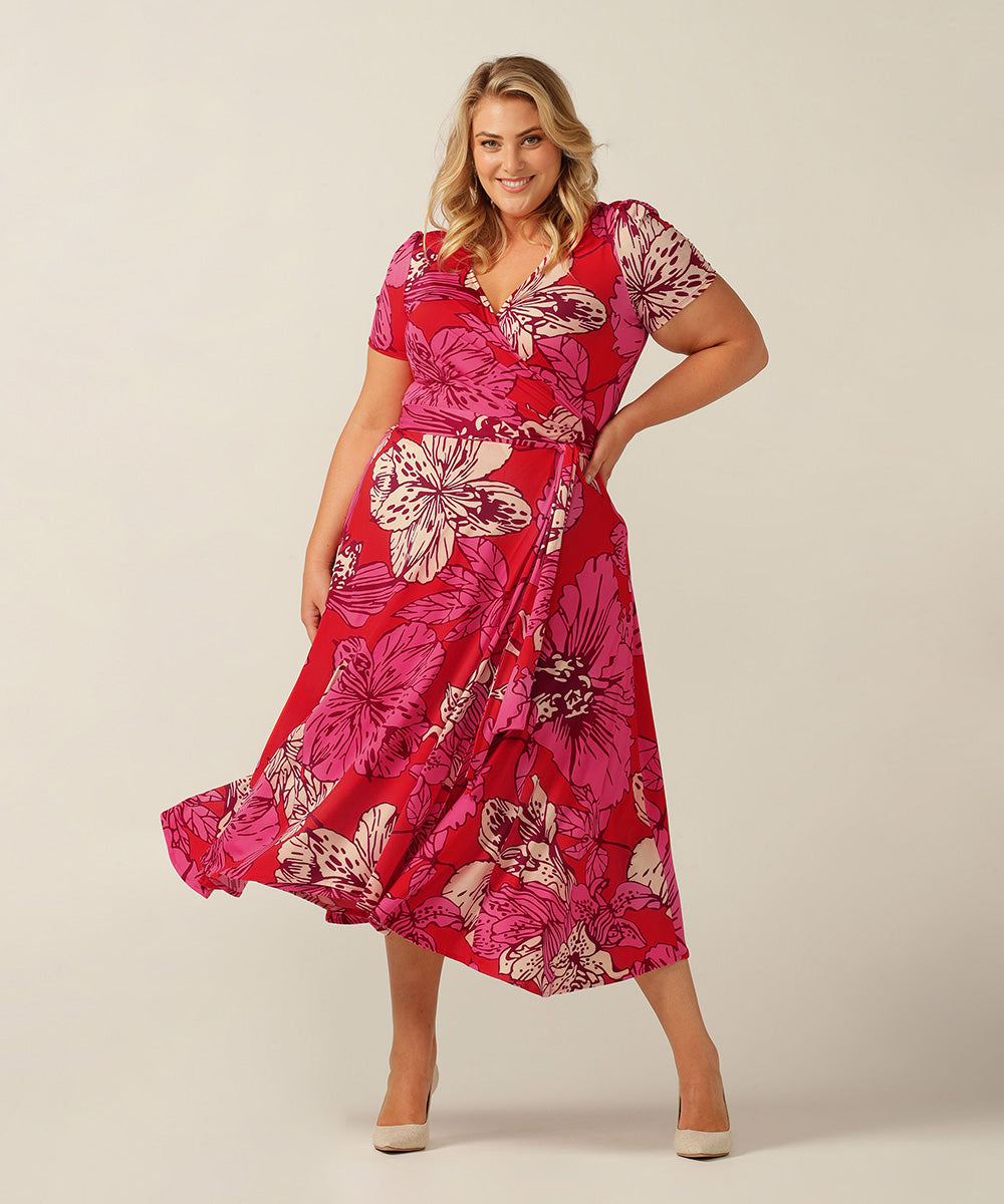 summer wrap jersey dress with gathered short sleeves and full skirt. Made in Australia for petite to plus sizes.