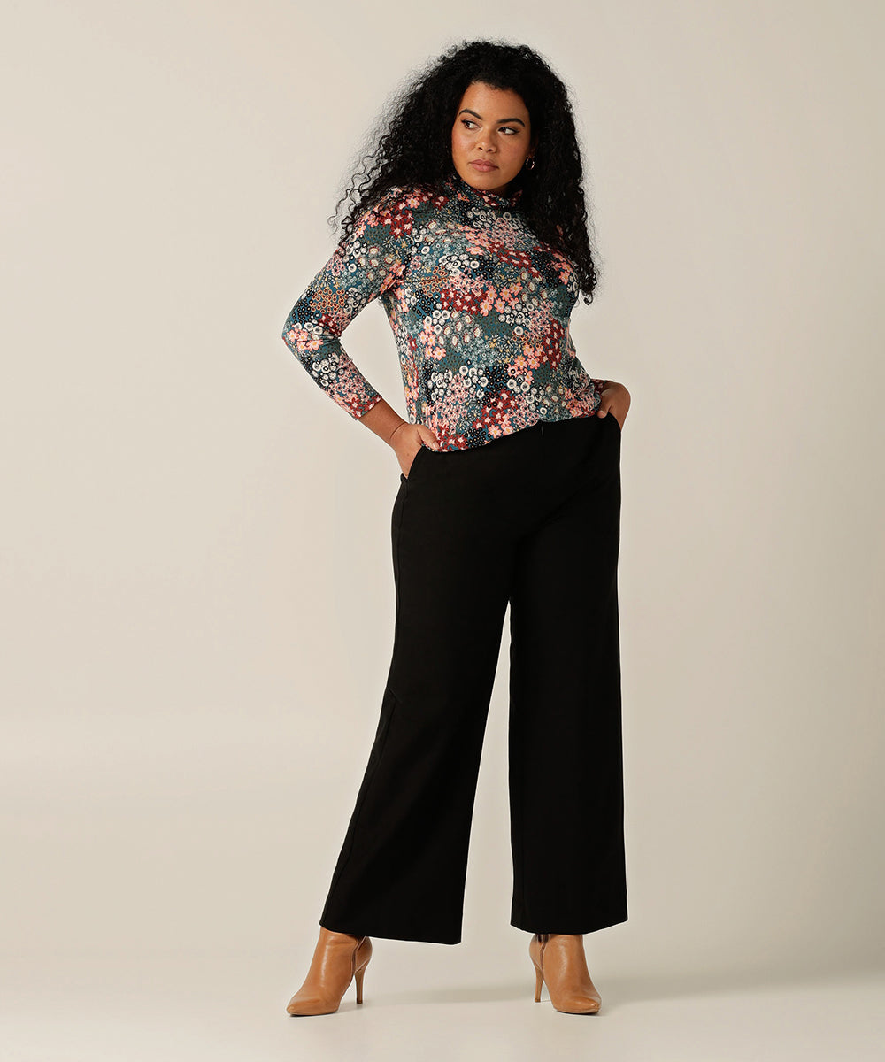 tailored navy wide leg pant with front zip 