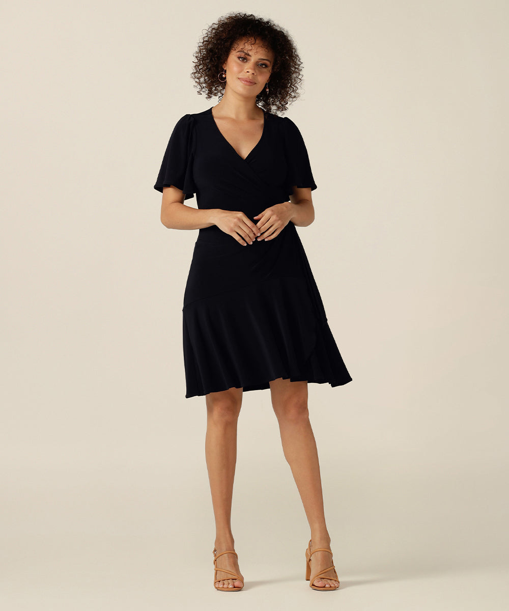 short wrap dress with fluted sleeves