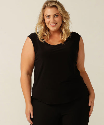 sleeveless, scoop neck, stretch jersey top with shirttail hemline and keyhole back detail. Made in Australia for petite to plus size women. 