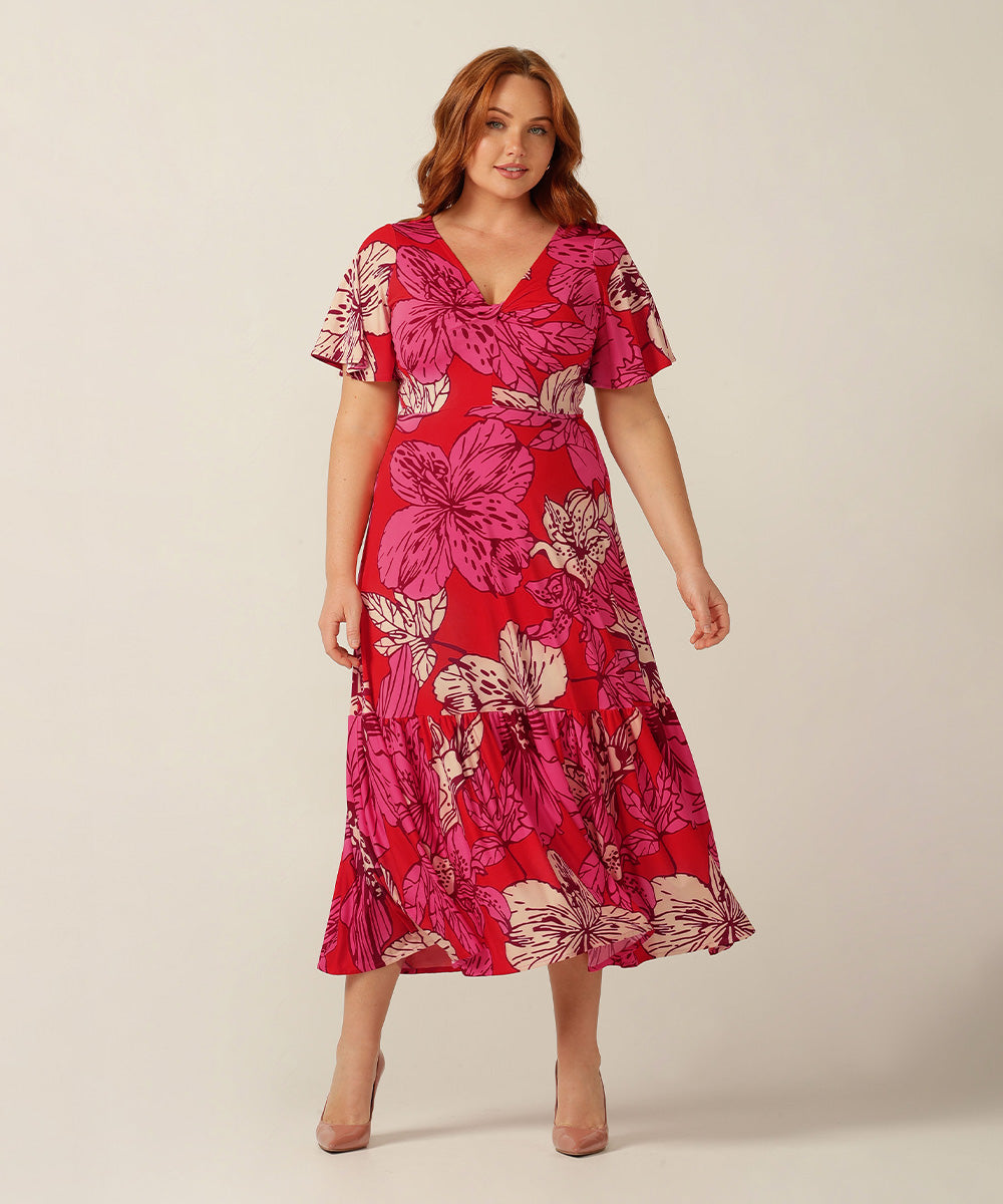 printed jersey maxi dress with flutter sleeves and deep ruffle at the hem. Made in Australia for petite to plus size women.