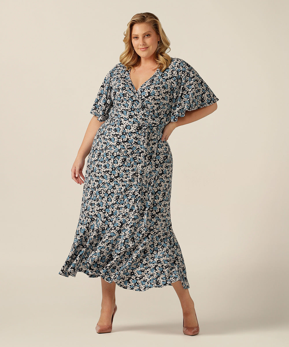 maxi wrap dress with flutter sleeves and skirt ruffle