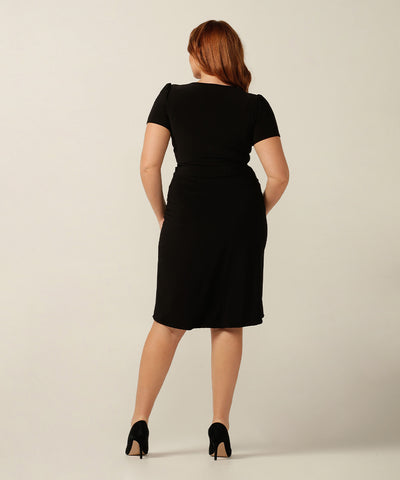 fixed wrap jersey dress with short sleeves and straight skirt. Made in Australia for petite to plus size women.