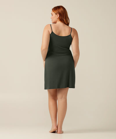 above-knee length V-neck slip dress with thin straps in black
