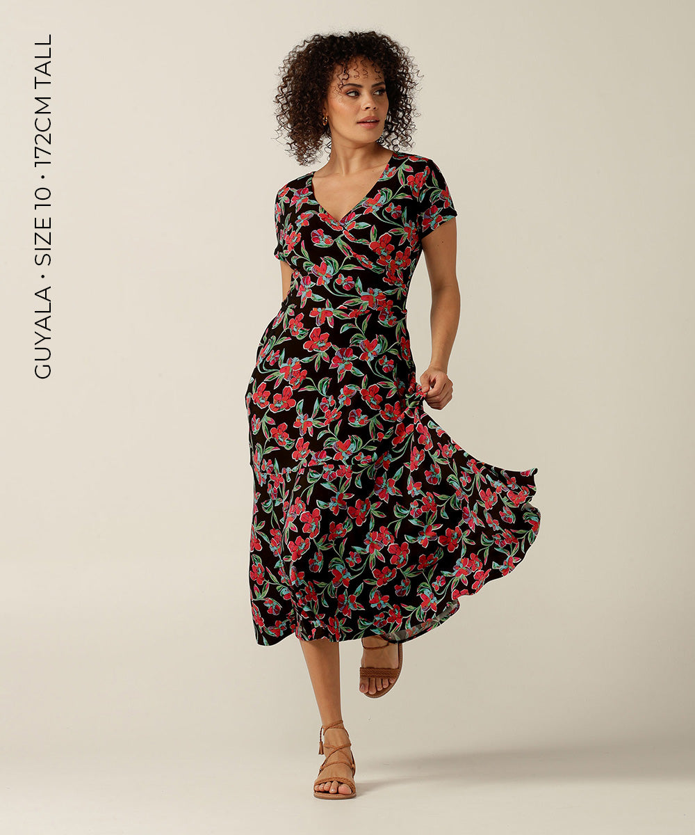 fixed wrap maxi dress with pockets and ruffle on skirt. Featuring an exclusive floral print, this dress is fitted by experts and made in Australia for plus size, petite sizes and women looking for slow fashion investment pieces.