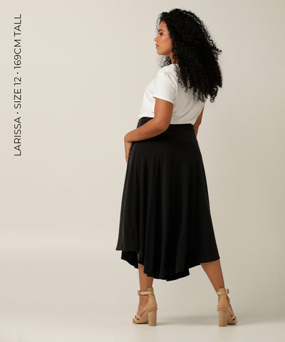 comfortable asymmetrical maxi skirt perfect for work or weekend and travela comfortable stretch jersey maxi skirt with asymmetric hem, the Germain Skirt is perfect for work or weekend and your travel wardrobe. Made in Australia in petite to plus sizes.