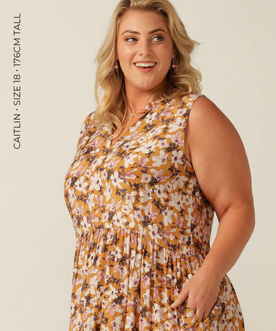 An empire line, sleeveless sun dress, the Goldie Dress in floral Siren print is lightweight and breathable in Viscose. Made in Australia for petite to plus size women. 