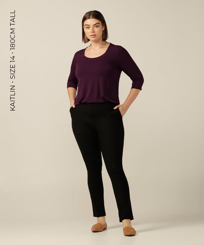 tailored top with round neckline and 3/4 length sleeves