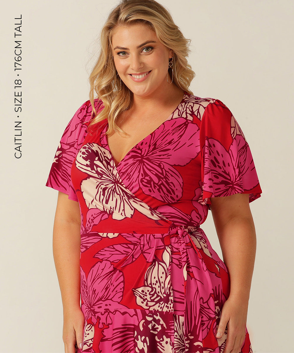 short jersey wrap dress with fluted sleeves and frill hemline. Made in Australia for petite to plus size women.