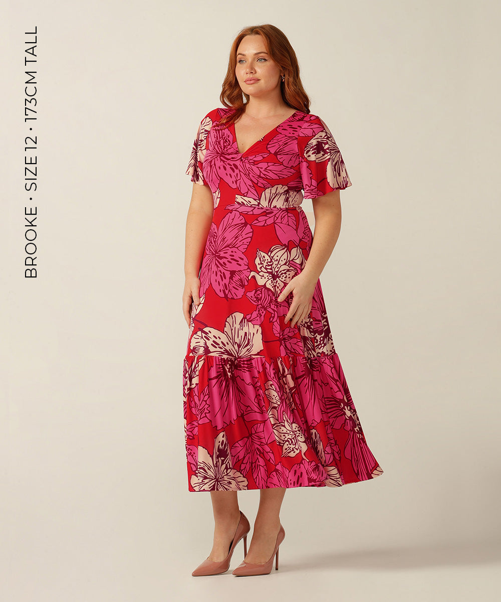 printed jersey maxi dress with flutter sleeves and deep ruffle at the hem. Made in Australia for petite to plus size women.