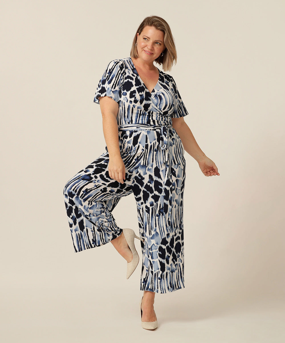 Blue and white jumpsuit - jersey jumpsuit with flutter sleeves, wrap bodice and cropped length. Made in Australia for petite to plus size women. 