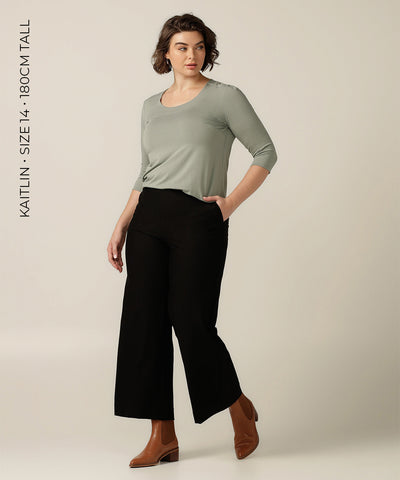 tailored navy wide leg pant with front zip 