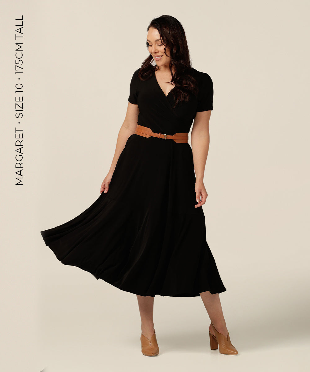 The Ultimate Little Black Dress, the Mavis Dress is a fixed-wrap style with full calf-length skirt that will add glamour to your evening or occasionwear wardrobe. Designed and made in Australia by fit experts L&F for plus size women, petite sizes and fashion-conscious women who respect eco-friendly, slow fashion.