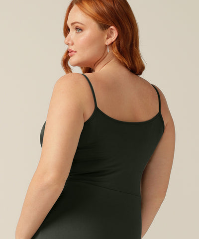 above-knee length V-neck slip dress with thin straps in black