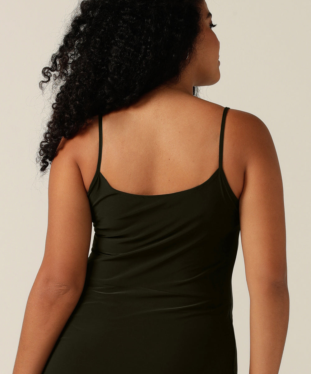 above-knee length V-neck slip dress with thin straps in black