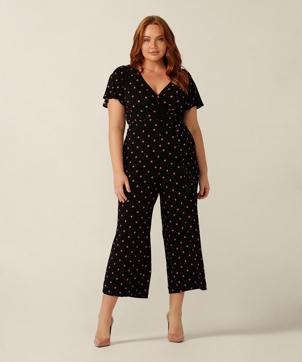 jersey jumpsuit with flutter sleeves, wrap bodice and cropped length. Made in Australia for petite to plus size women.