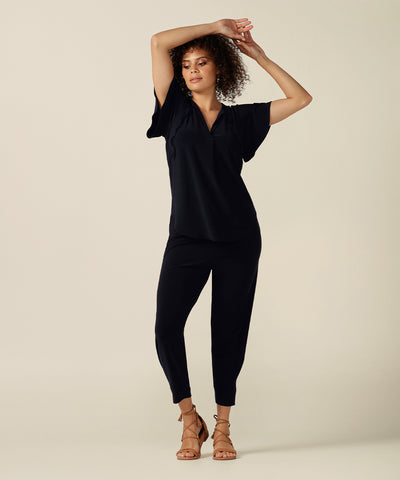 The Bowie Top is a Tie Neck Top in stretch Jersey with Flutter Sleeves and a Shirttail Hem. Designed and made in Australia by fit experts L&F for plus size, petite size women and women focused on eco-conscious, ethical and slow fashion