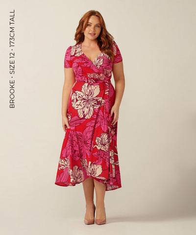 summer wrap jersey dress with gathered short sleeves and full skirt. Made in Australia for petite to plus sizes.
