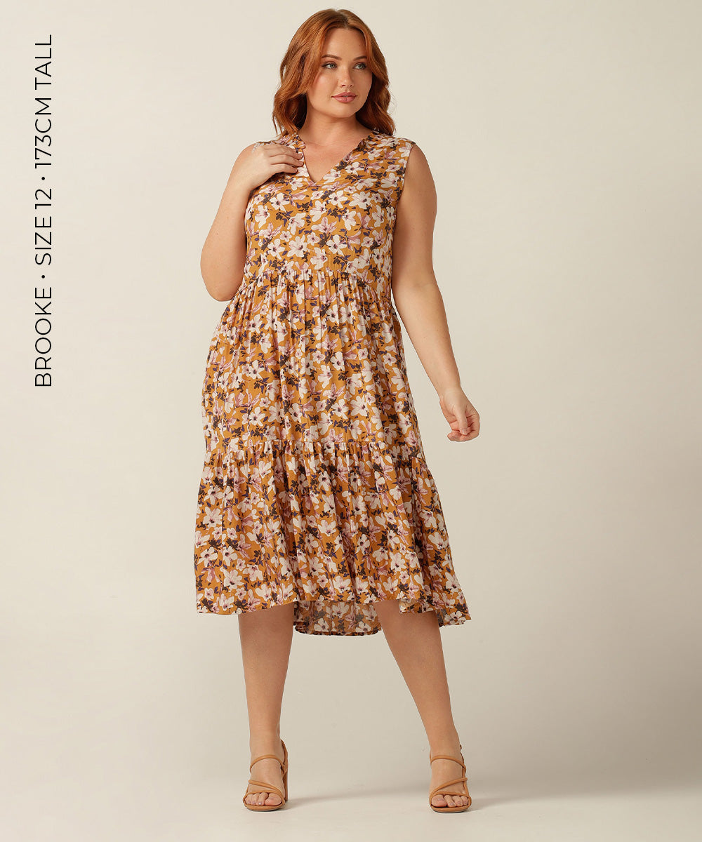 An empire line, sleeveless sun dress, the Goldie Dress in floral Siren print is lightweight and breathable in Viscose. Made in Australia for petite to plus size women. 