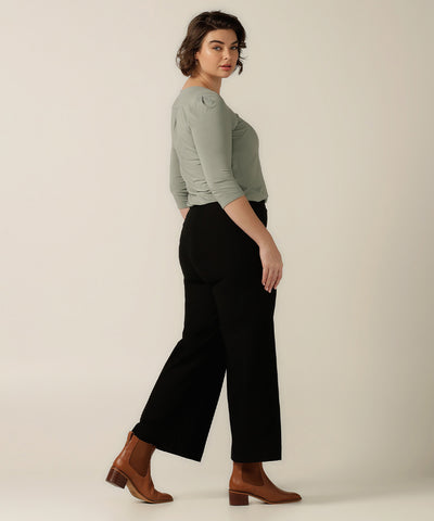 tailored navy wide leg pant with front zip 