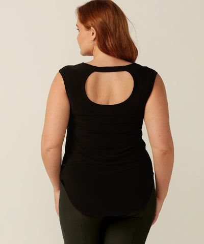 sleeveless, scoop neck, stretch jersey top with shirttail hemline and keyhole back detail. Made in Australia for petite to plus size women. 