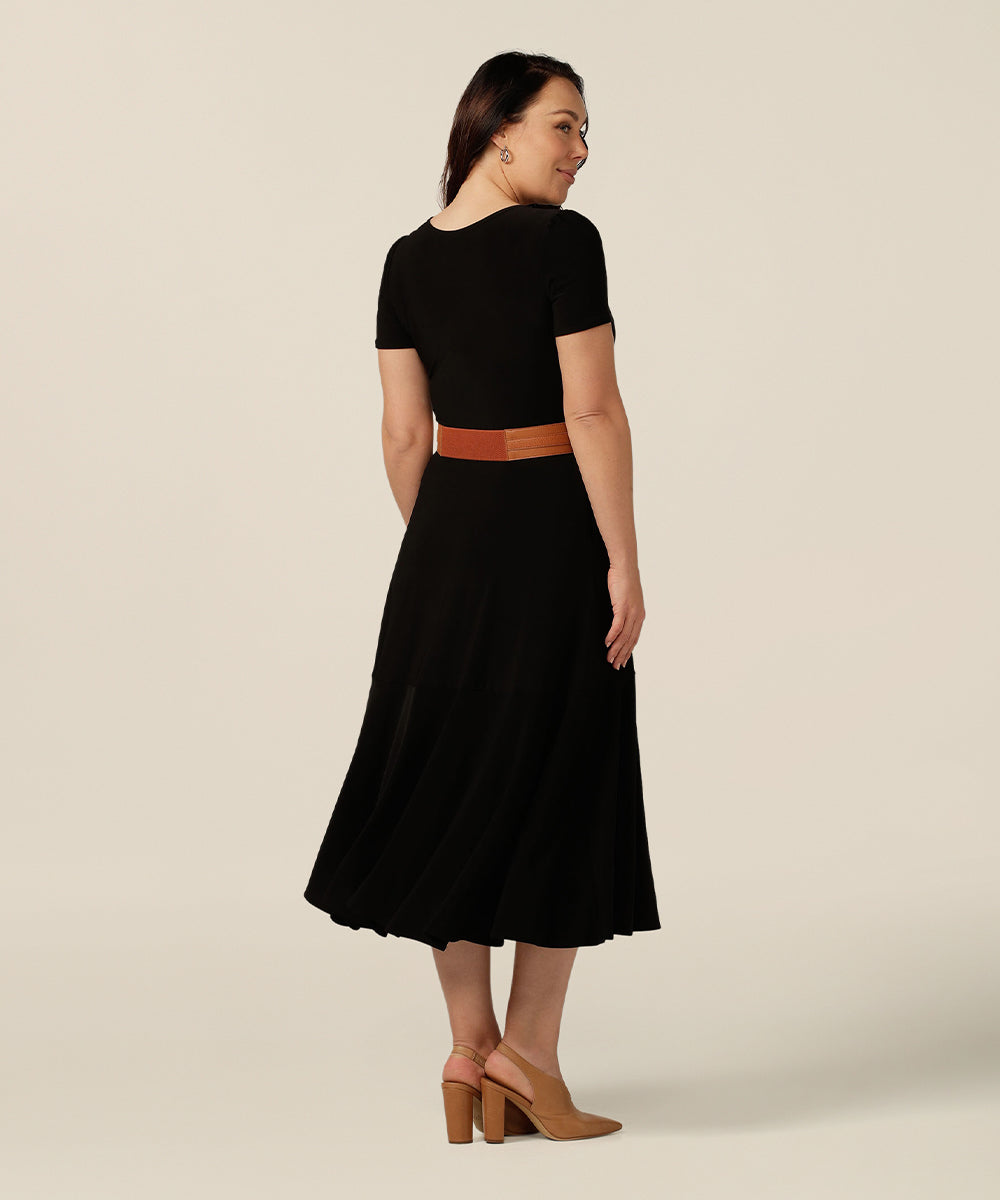 The Ultimate Little Black Dress, the Mavis Dress is a fixed-wrap style with full calf-length skirt that will add glamour to your evening or occasionwear wardrobe. Designed and made in Australia by fit experts L&F for plus size women, petite sizes and fashion-conscious women who respect eco-friendly, slow fashion.