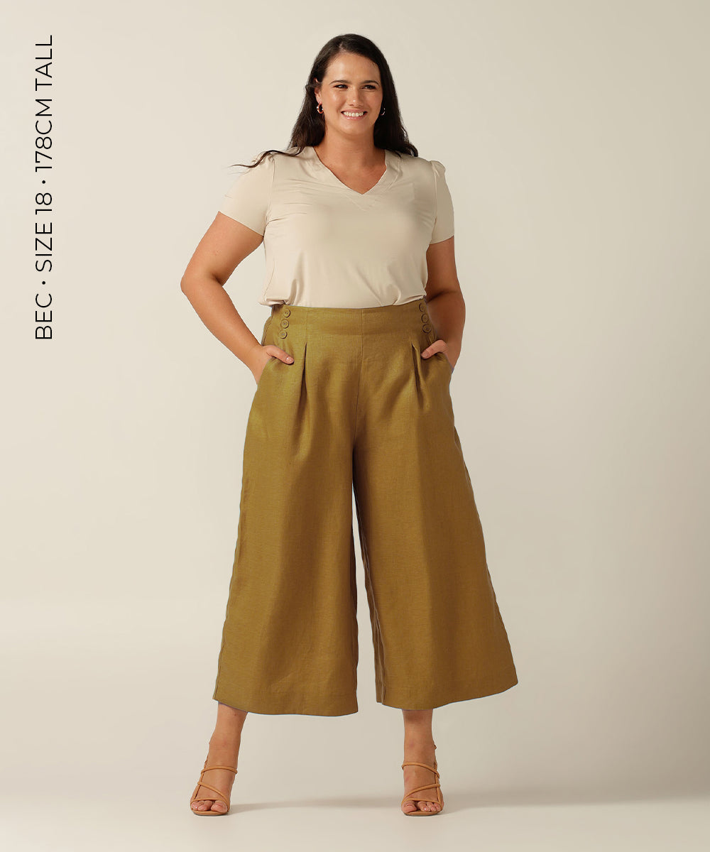 100% linen sailor front, wide legged pant with tailoring details.