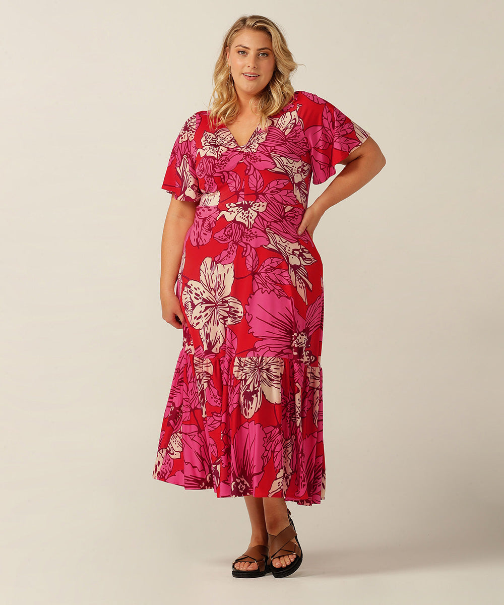 printed jersey maxi dress with flutter sleeves and deep ruffle at the hem. Made in Australia for petite to plus size women.