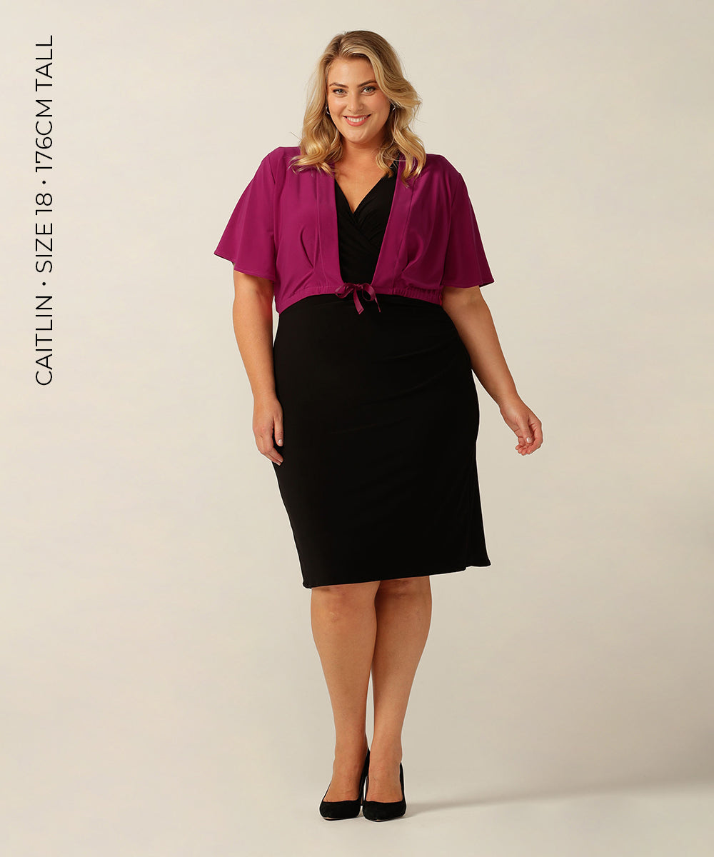 fixed wrap jersey dress with short sleeves and straight skirt. Made in Australia for petite to plus size women.