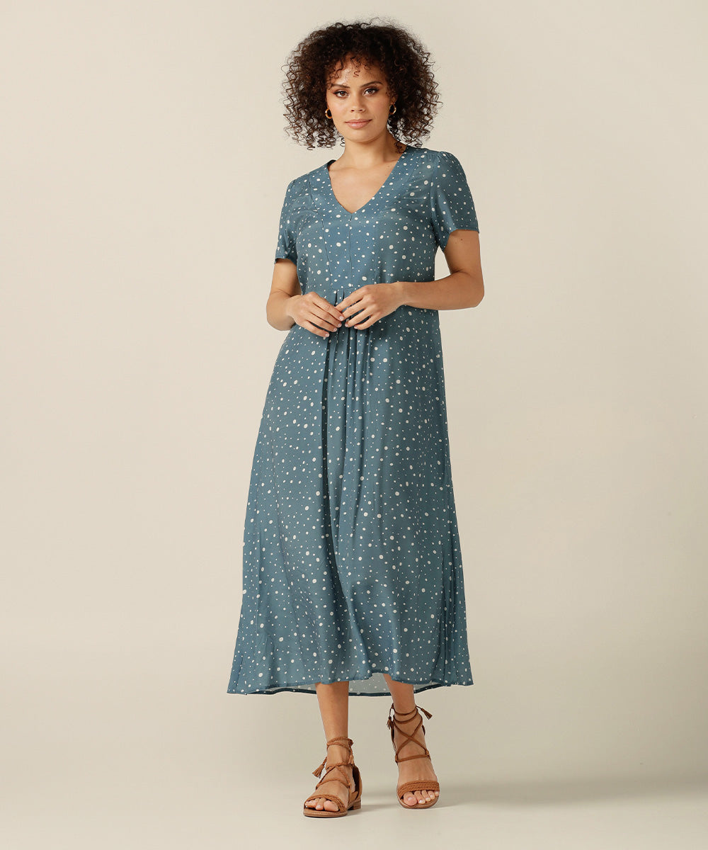 Luxe flowing summer maxi dress in sustainable EcoVero/Cupro blend. Made in Australia for petite to plus size women,