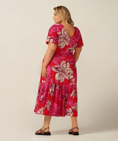 printed jersey maxi dress with flutter sleeves and deep ruffle at the hem. Made in Australia for petite to plus size women.