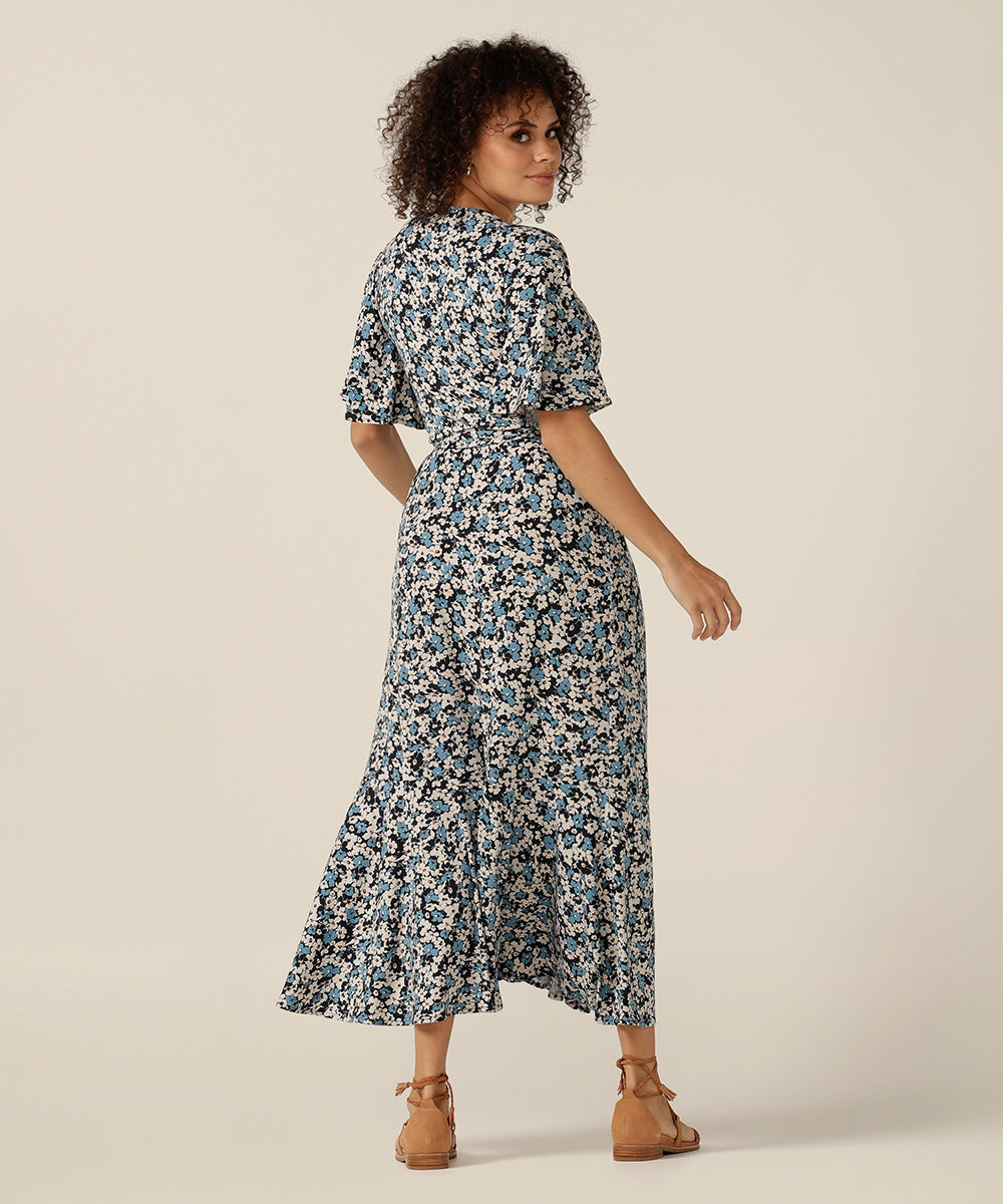 maxi wrap dress with flutter sleeves and skirt ruffle