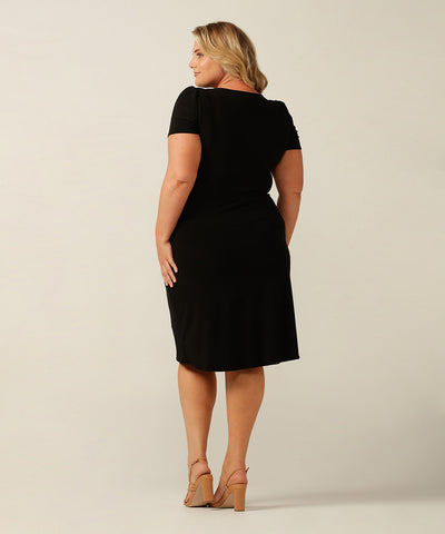 fixed wrap jersey dress with short sleeves and straight skirt. Made in Australia for petite to plus size women.