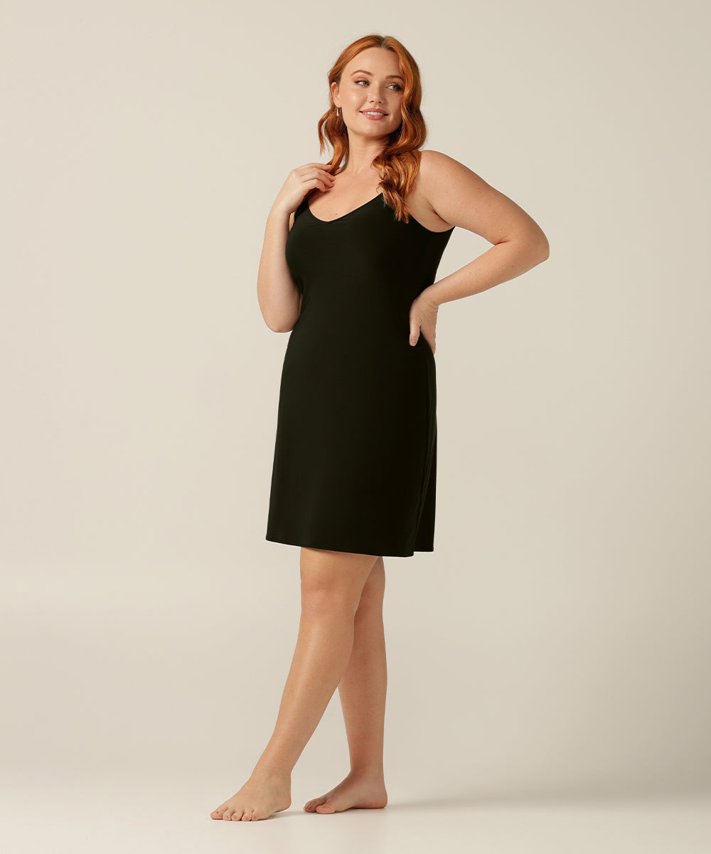 above-knee length V-neck slip dress with thin straps in black