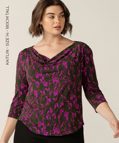 Flattering cowl-neck top with 3/4 length sleeves
