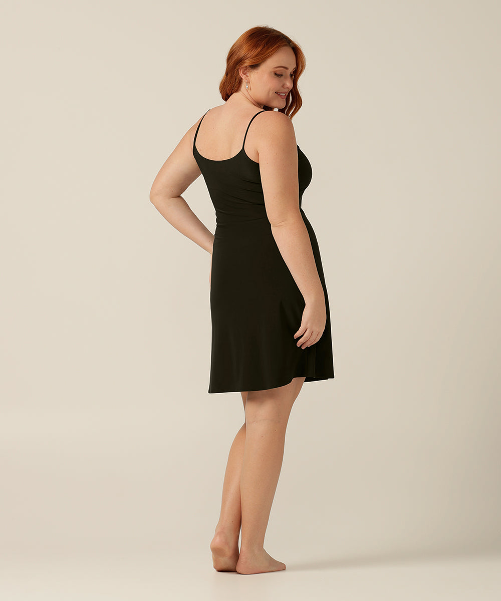 above-knee length V-neck slip dress with thin straps in black