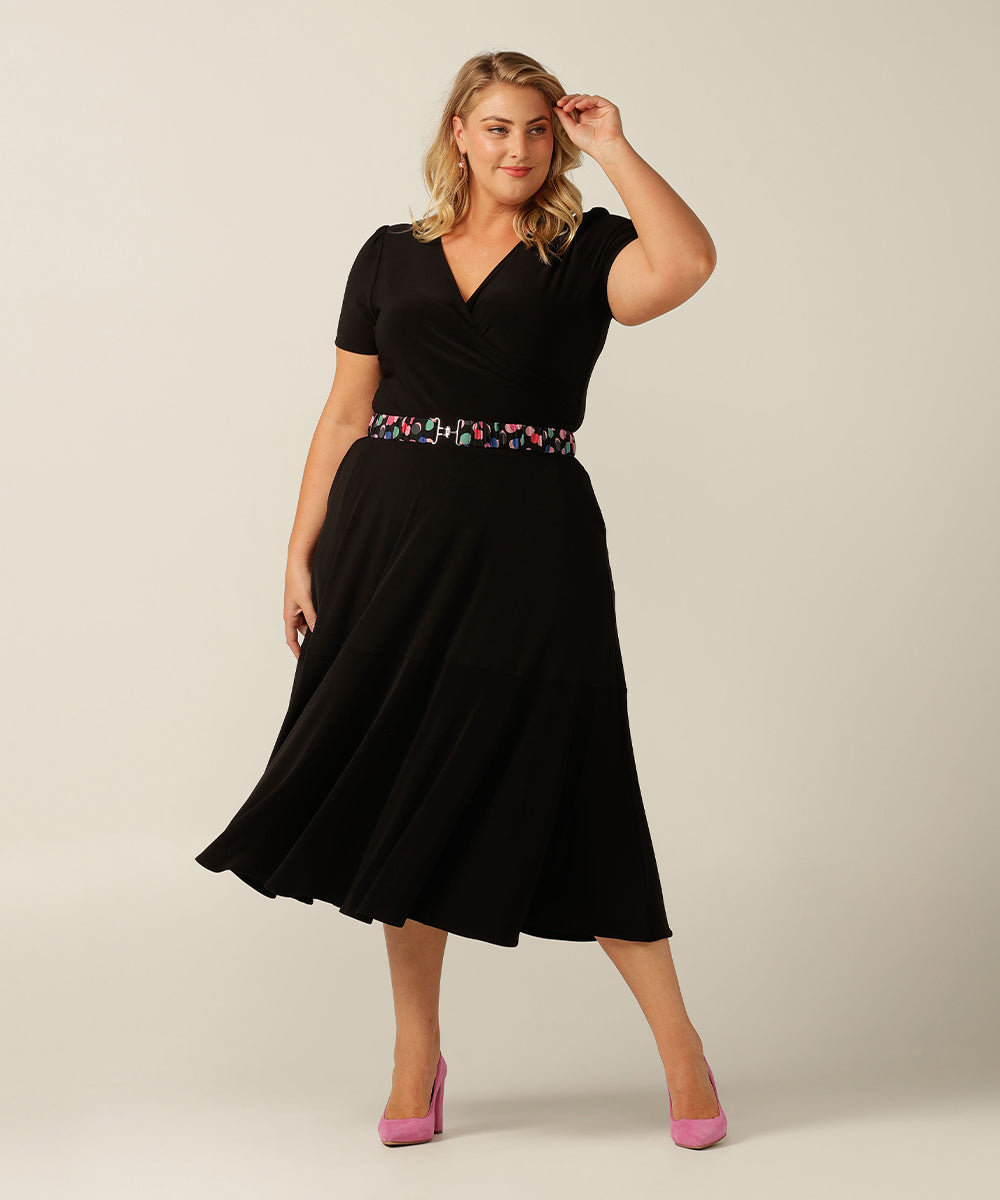 The Ultimate Little Black Dress, the Mavis Dress is a fixed-wrap style with full calf-length skirt that will add glamour to your evening or occasionwear wardrobe. Designed and made in Australia by fit experts L&F for plus size women, petite sizes and fashion-conscious women who respect eco-friendly, slow fashion.