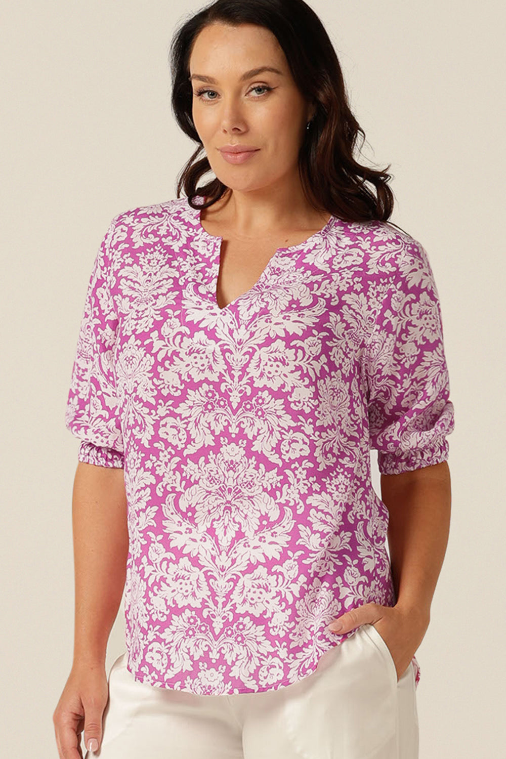 eco friendly and breathable fabric shirt with split V-neckline and 3/4 sleeves