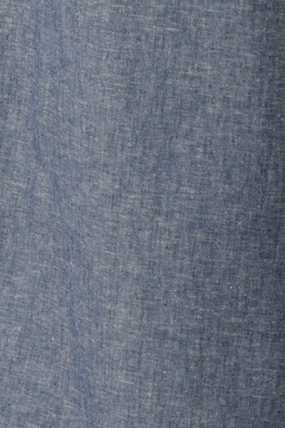 swatch of linen-cotton blend Chambray fabric used by Leina and Fleur for soft tailoring work wear clothing for petite to plus size women.
