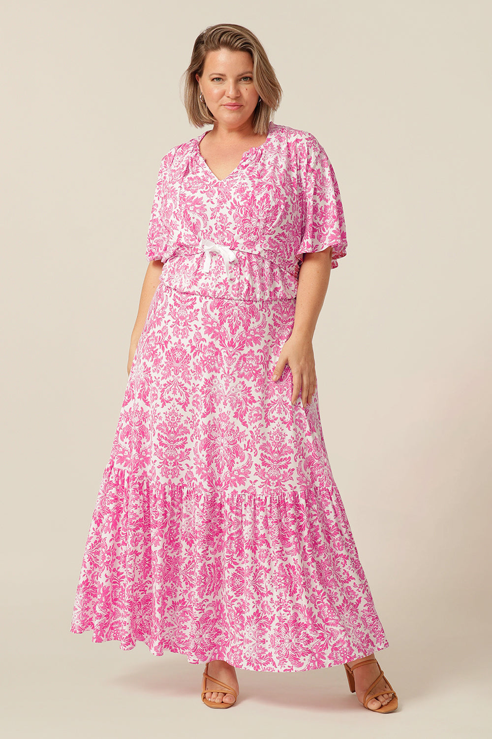 halter neck, jersey maxi dress with ruffle on hem - womens fashion pink and white maxi dress