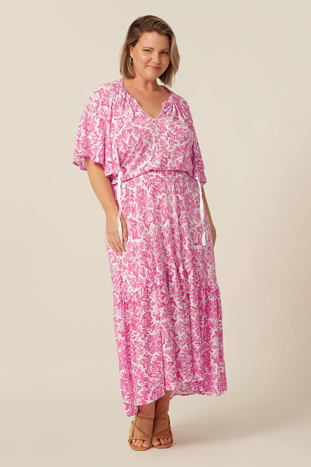 halter neck, jersey maxi dress with ruffle on hem - pink and white dresses maxi