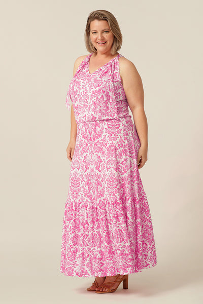 halter neck, jersey maxi dress with ruffle on hem - pink dress maxi australian made