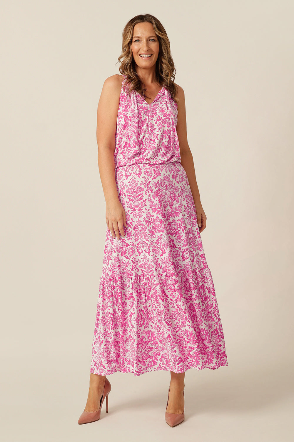 Australian made dress maxi in pink and white 