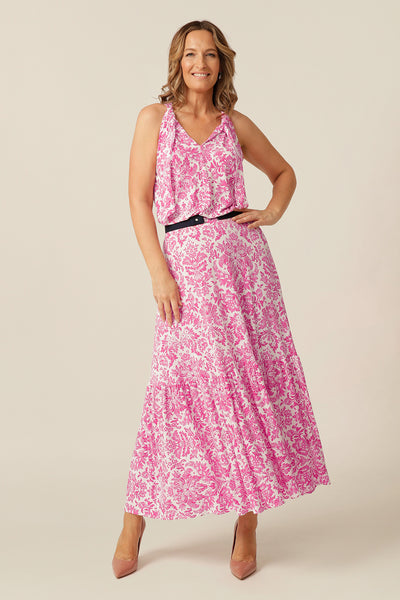 maxi dress with navy belt in white and pink 