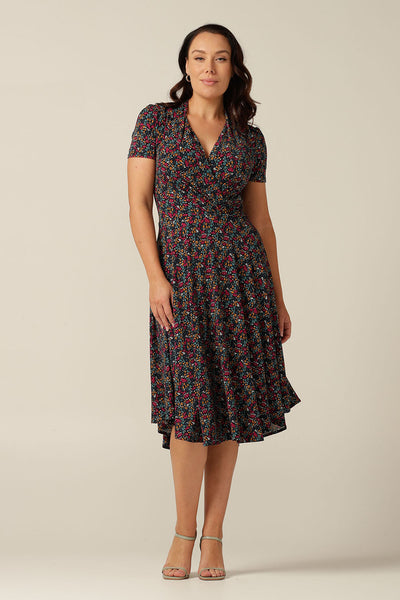 Short sleeve dress with gather front bodice and full, knee-length skirt made in Australia in stretch jersey