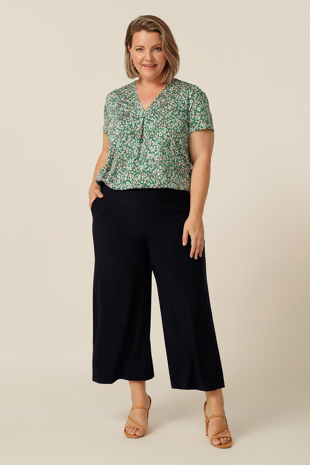 versatile tailored T-shirt top with v-neckline and short sleeves - a great top for work wear and corporate wardrobes!  Made in Australia for petite to plus size women.