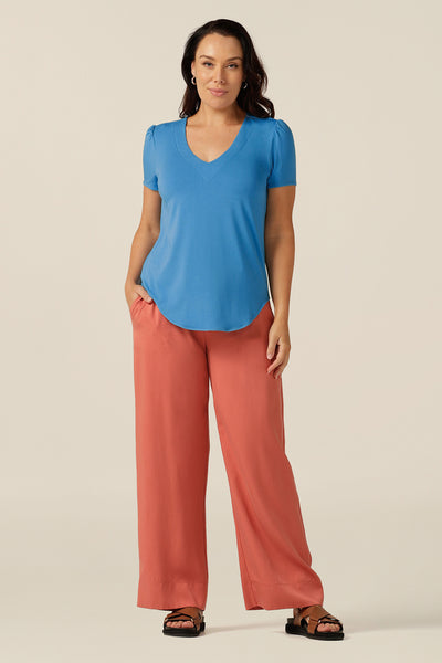 blue v-neck short sleeve top in bamboo jersey