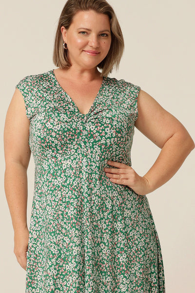 Sleeveless summer jersey dress with twist front bodice and below-the -knee skirt. The best dress for parties, summer events and barbeques! Made in Australia for petite to plus size women.